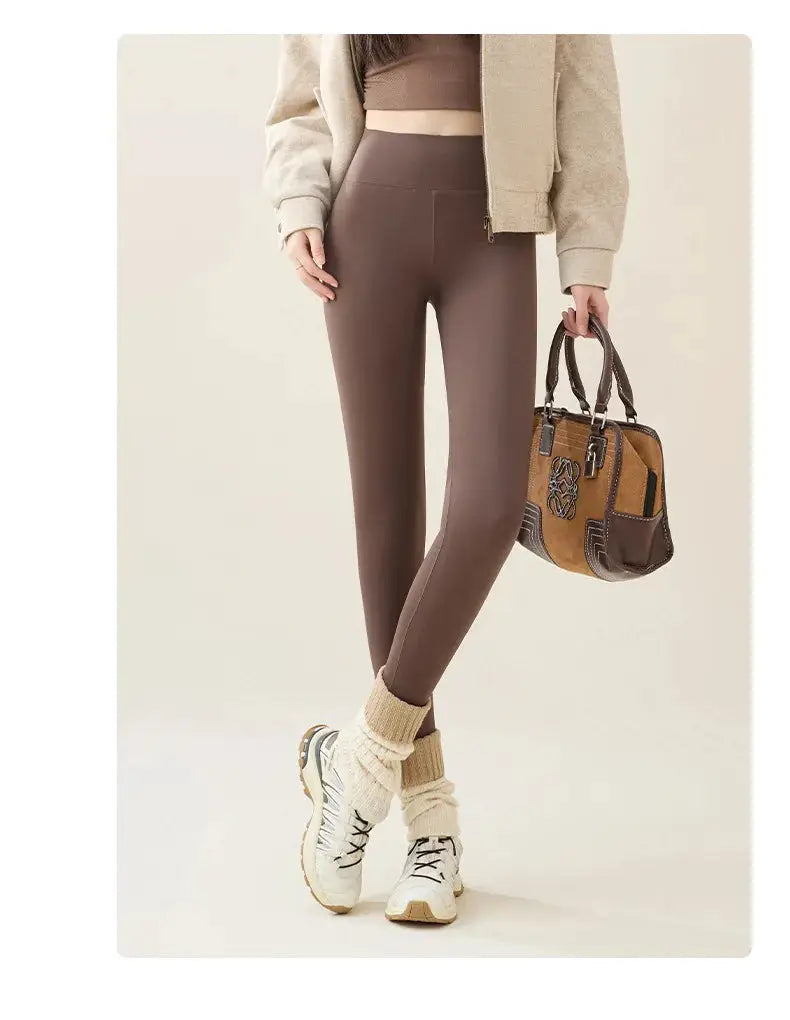 BIVIGAOS women's fleece-lined sharkskin leggings, brown, warm tights by Simples Market