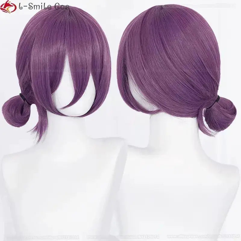 Anime Rezee cosplay wig, 45cm purple heat-resistant synthetic hair, shown from front and side on mannequins