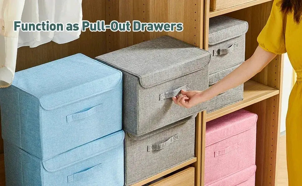 Set of foldable cotton-linen storage boxes with lids in blue, gray, and pink for closet organization