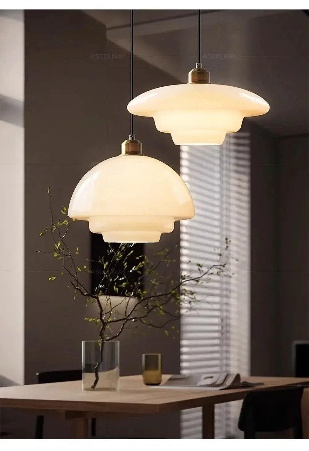 Nordic glass pendant lamps, frosted white glass with brass fixtures, two hanging dining room lamps.