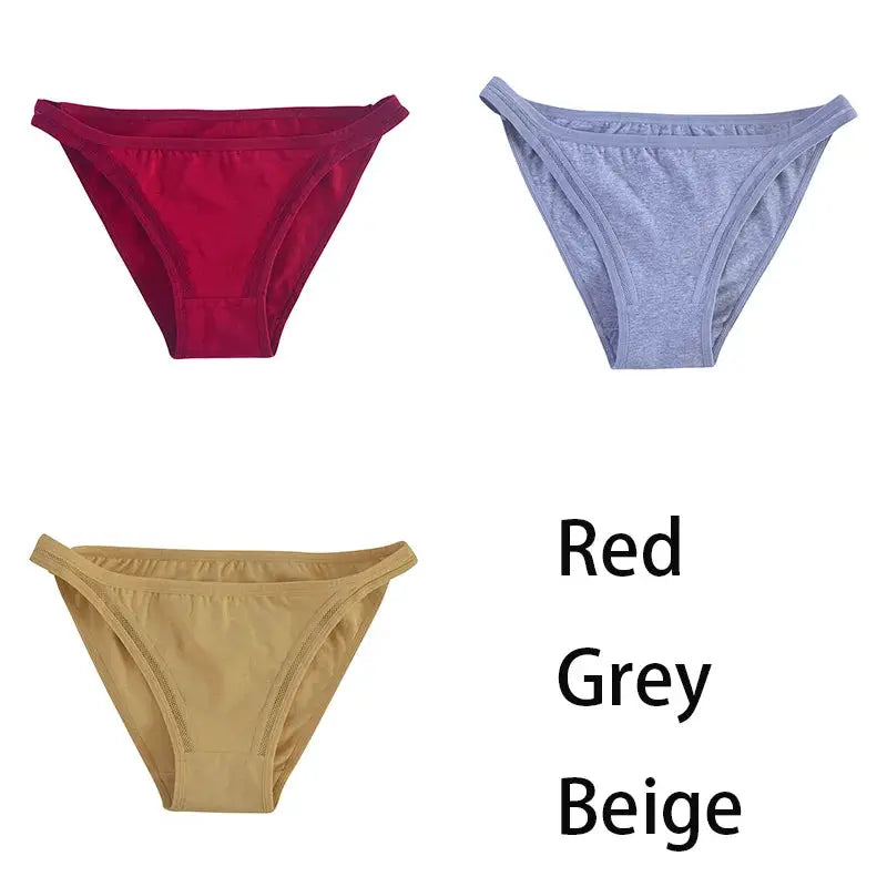 3-piece women's cotton bikini panties set in red, grey, and beige