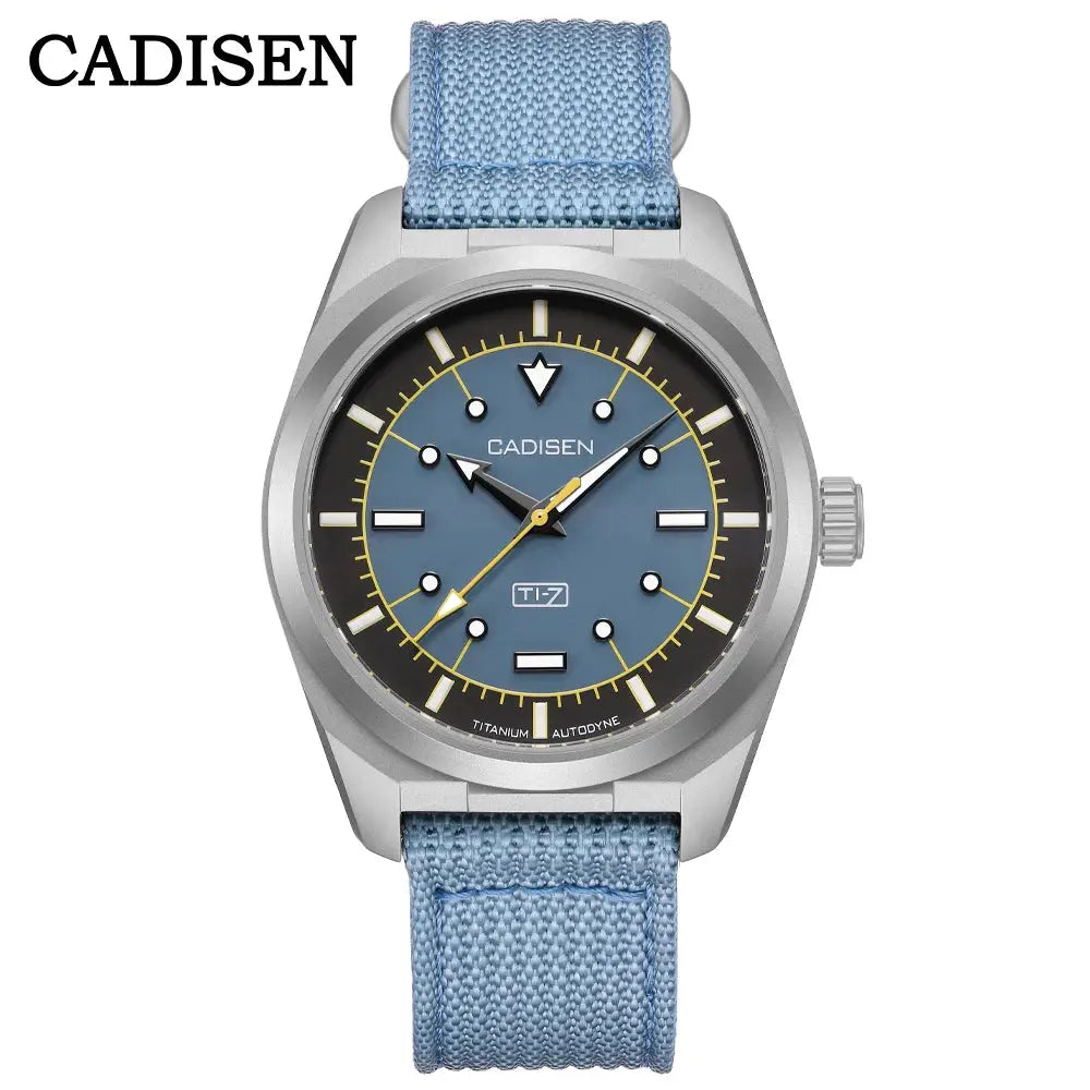CADISEN automatic watch with titanium steel case, blue dial, luminous markers, and blue canvas strap
