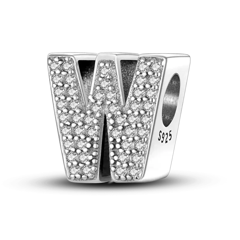 Sterling silver W alphabet charm bead with pavé CZ stones, S925 stamped