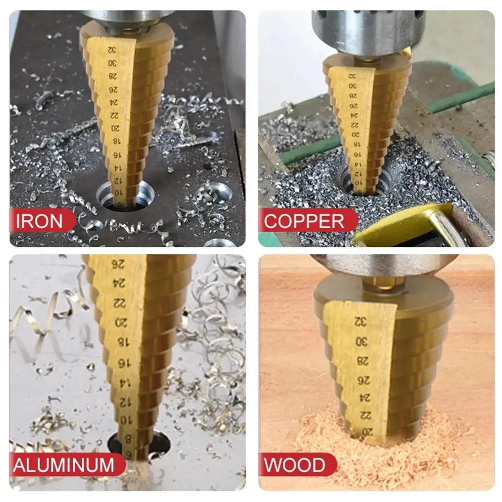 Six Piece Titanium Coated Step and Saw Drill Bit Set for Woodworking and Metal 4 to 12 mm 4 to 20 mm 4 to 32 mm