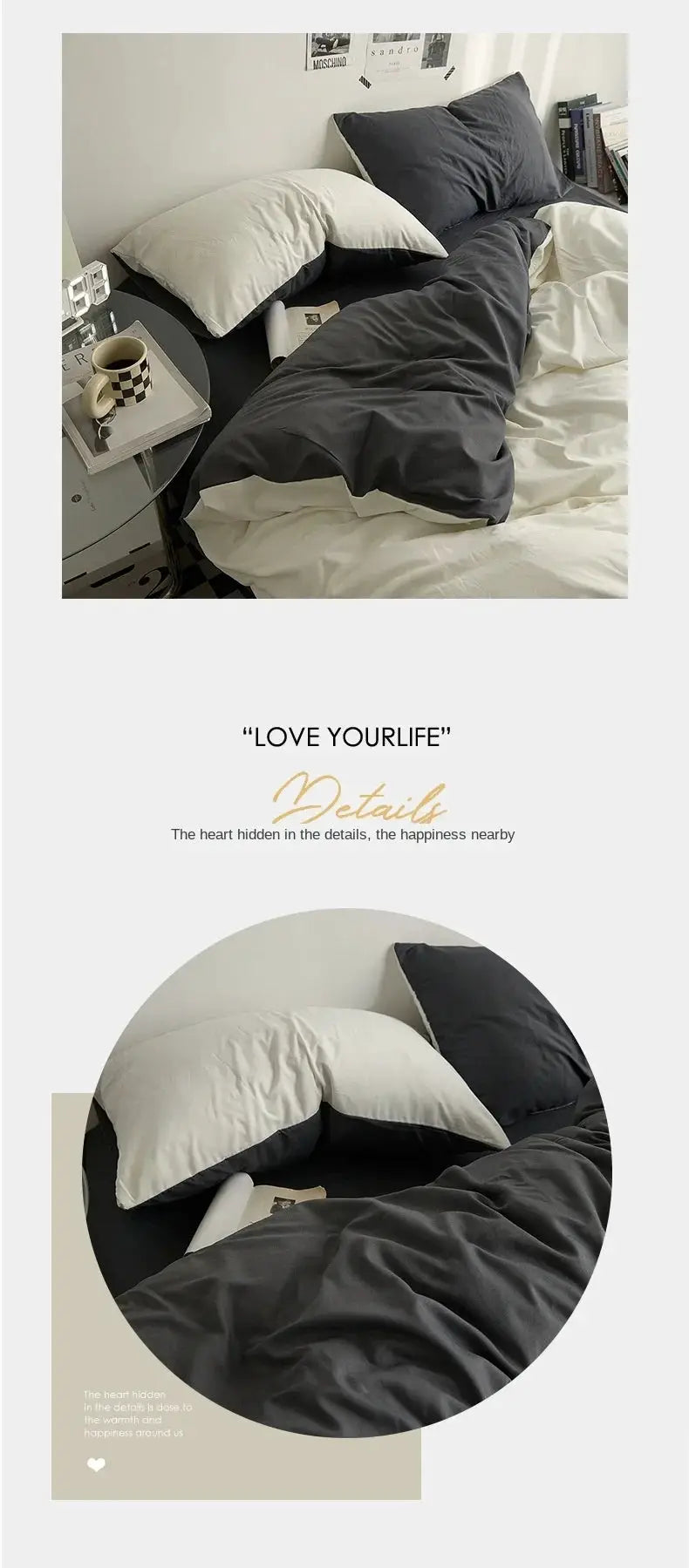 Cotton bedding 4-piece dorm set in dark gray and white, includes duvet, sheets, and pillowcases