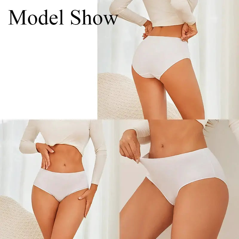 Panties: 4-piece white cotton high-waist seamless set for women, breathable, plus-size S-2XL