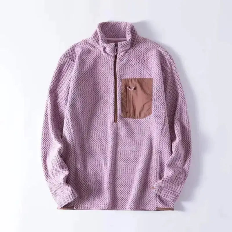 Simples Market unisex fleece half-zip sweatshirt in lilac with brown chest pocket and wavy texture