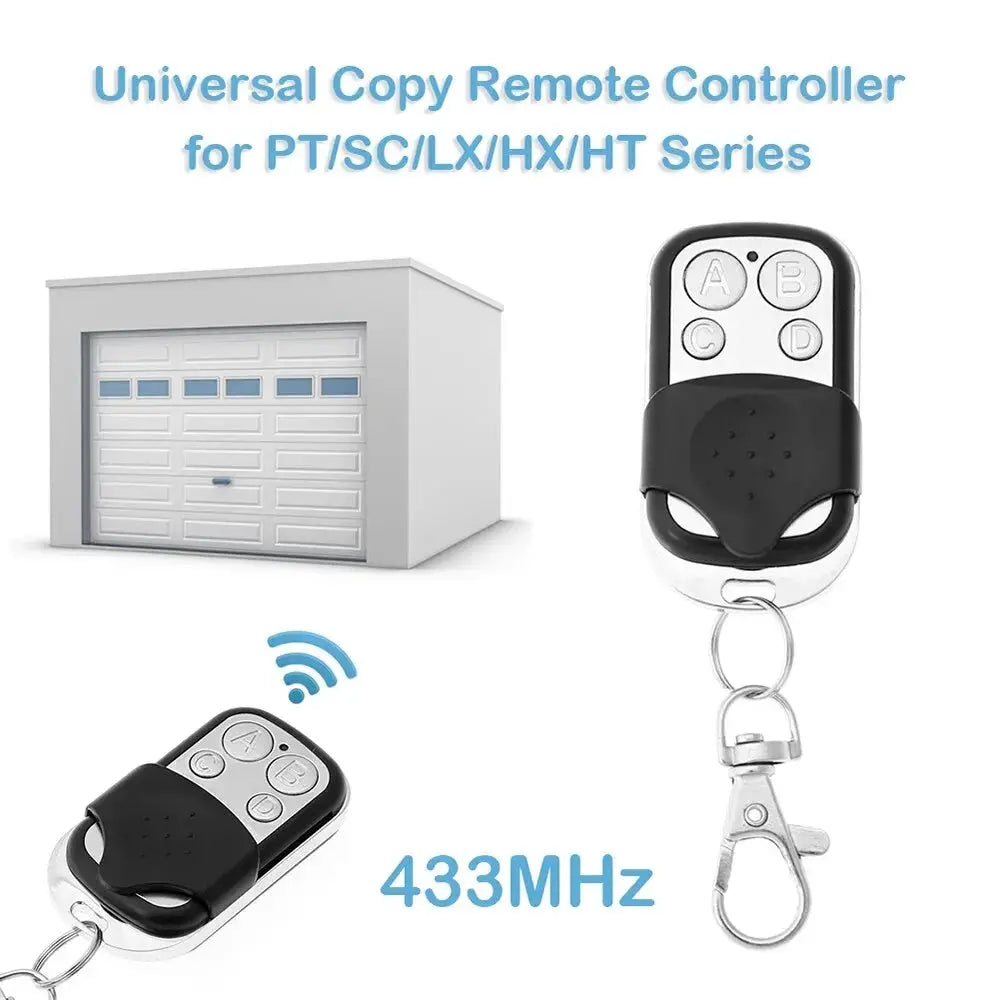 Universal garage door remote control duplicator, 4-button 433MHz, black and silver with keychain (2 remotes shown).