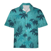 Hawaiian shirt with teal palm-tree print, short sleeves, button-front, Simples Market