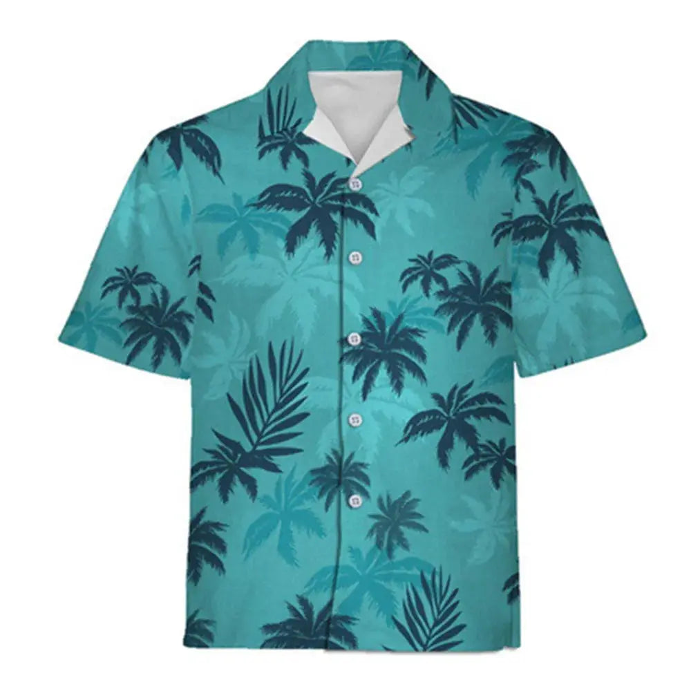 Hawaiian shirt with teal palm-tree print, short sleeves, button-front, Simples Market
