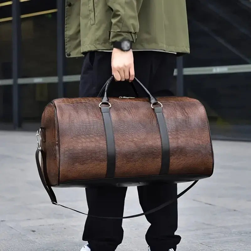 Large Capacity Retro Crocodile-Textured Travel Duffel Bag, brown faux leather with black straps