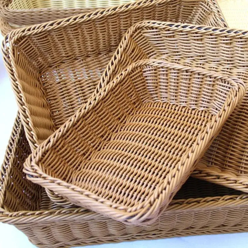 Hand-woven imitation rattan rectangular storage baskets, natural tan, set of three