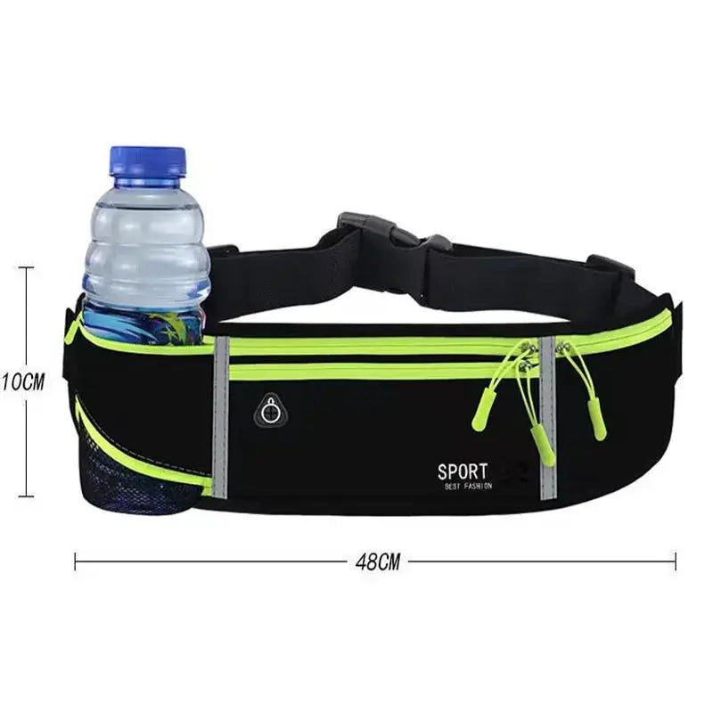 Outdoor running waist bag by Simples Market with lime green zippers, water bottle holder, and three waterproof pockets
