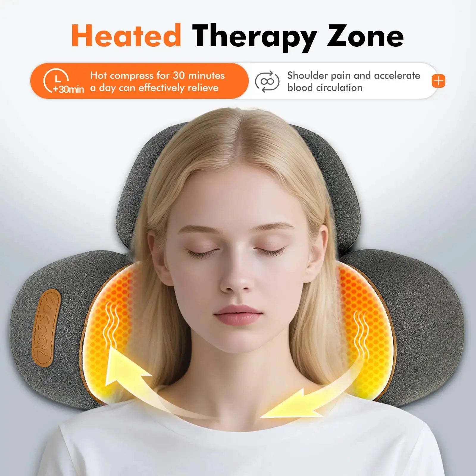 3-in-1 neck massager pillow with heated therapy for shoulder relief, gray exterior with orange pad by Simples Market