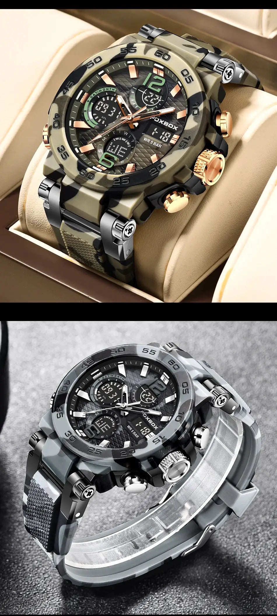 Two LIGE electronic men's wristwatches with camouflage and silver bands, LED display, rugged waterproof sport watch
