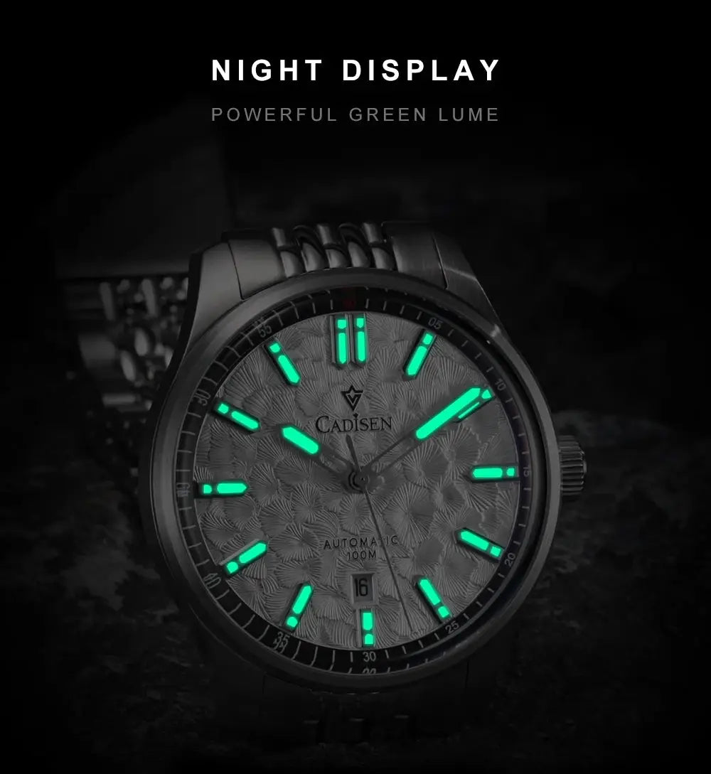 CADISEN automatic mechanical men's watch with blue dial, green lume markers, date window