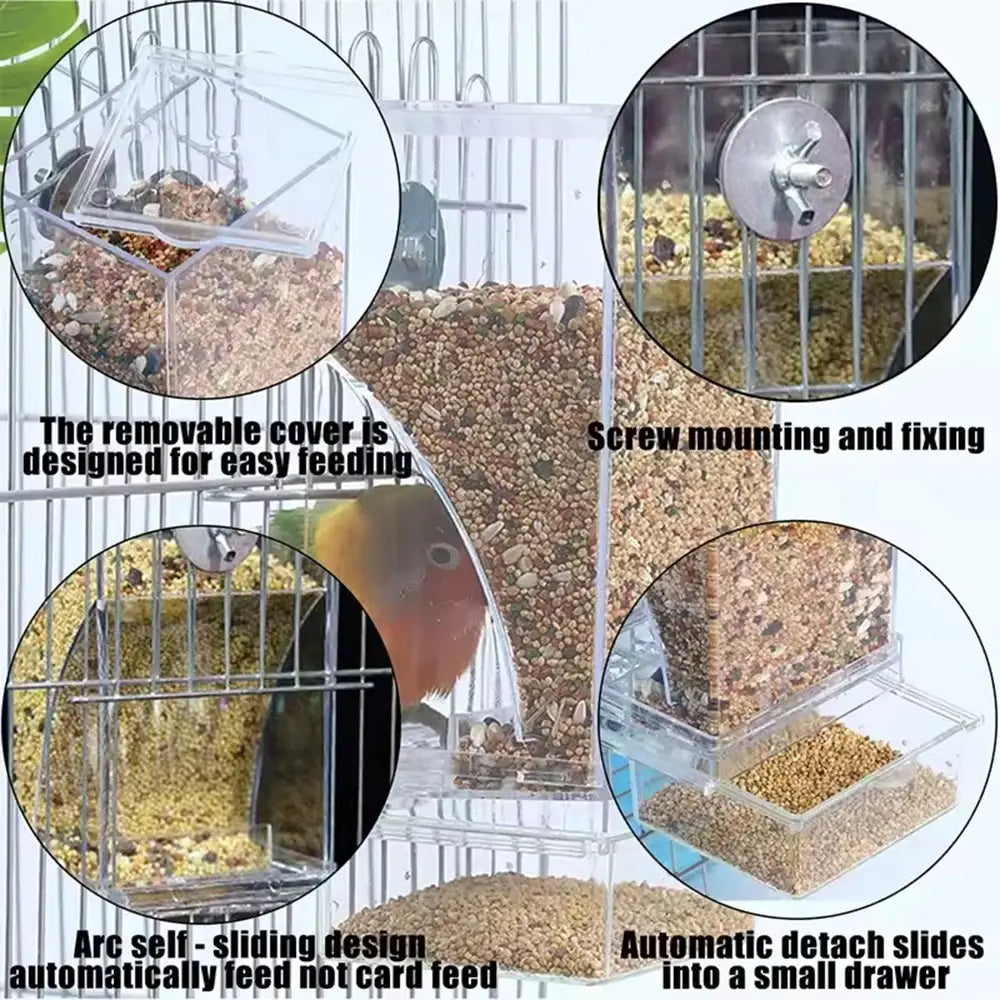 Parrot feeder by Simples Market; transparent anti-spill food box with removable cover and screw-mounted sliding drawer