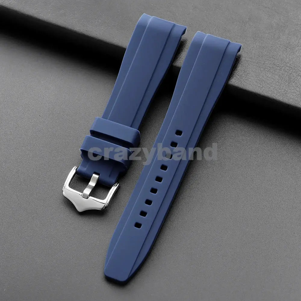 Blue silicone watch strap set (2 pieces) with stainless steel buckle; curved end, 20/22mm fits Rolex/Casio/Seiko