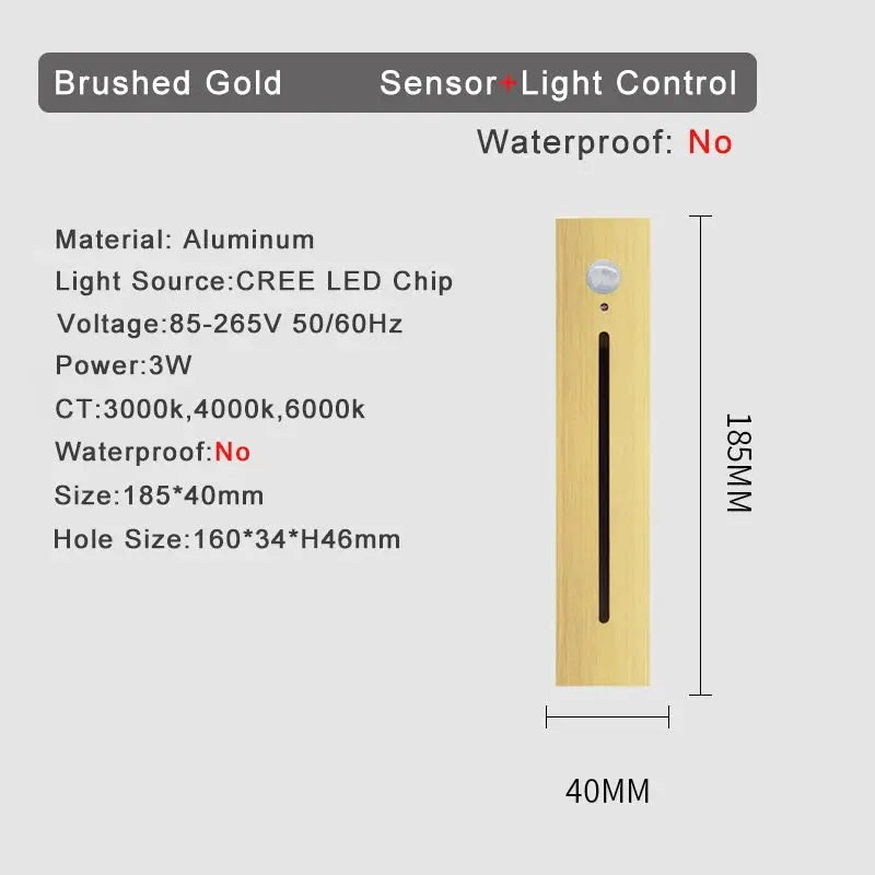 SANDIY smart stair wall lamp with motion sensor, brushed gold finish, 3W LED