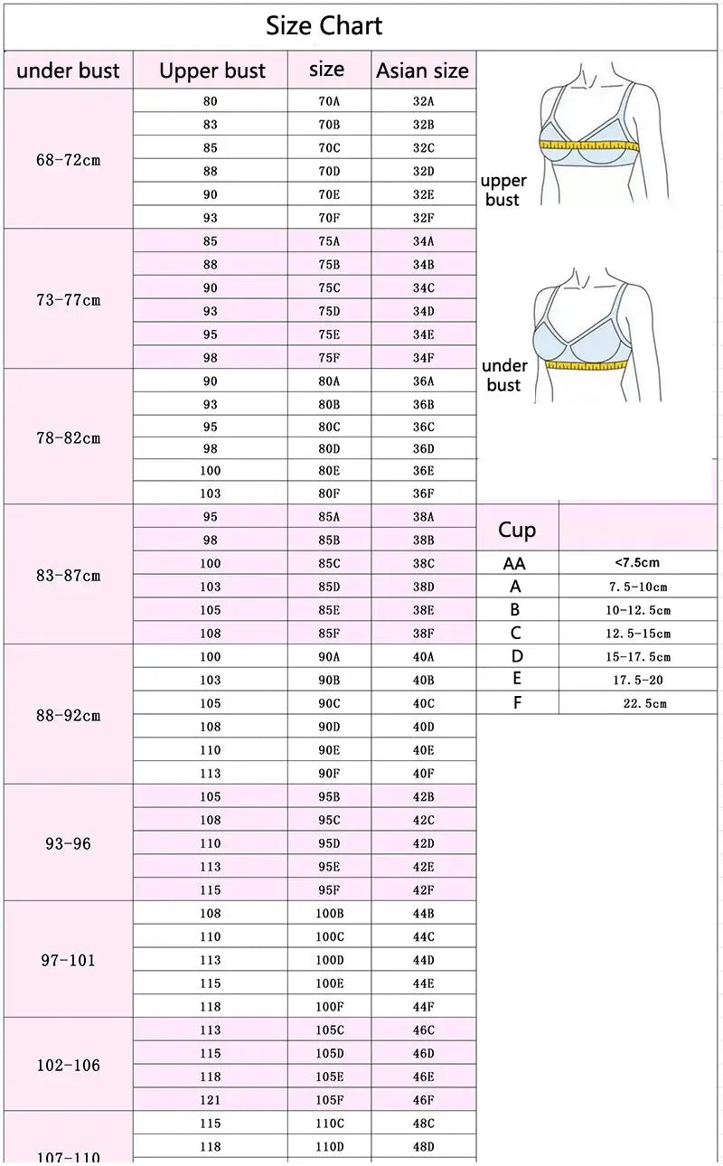Plus-size bra size chart by Simples Market with underbust and upper-bust measurements and tape-measure diagrams