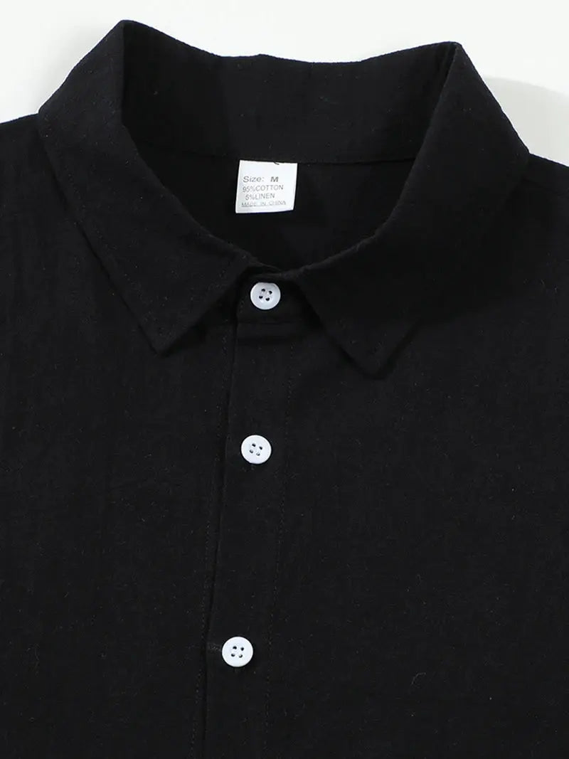Simples Market men's black cotton-linen sleeveless shirt with turn-down collar and white buttons