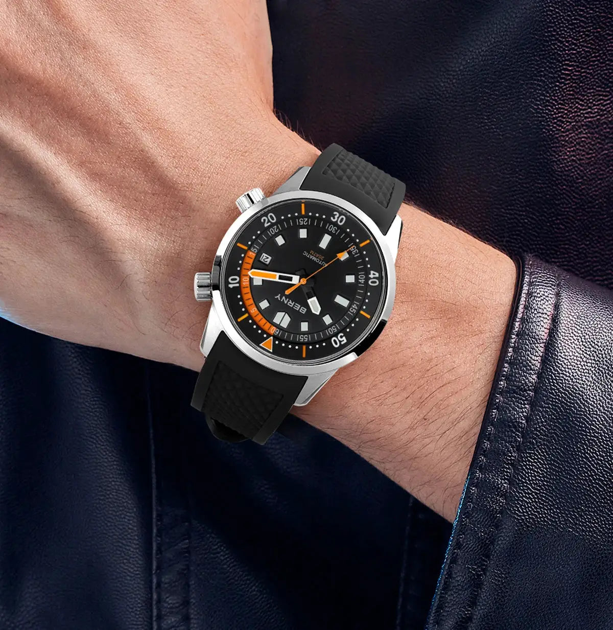 BERNY men's 42mm dive watch with black dial, orange accents, stainless steel case and black silicone strap