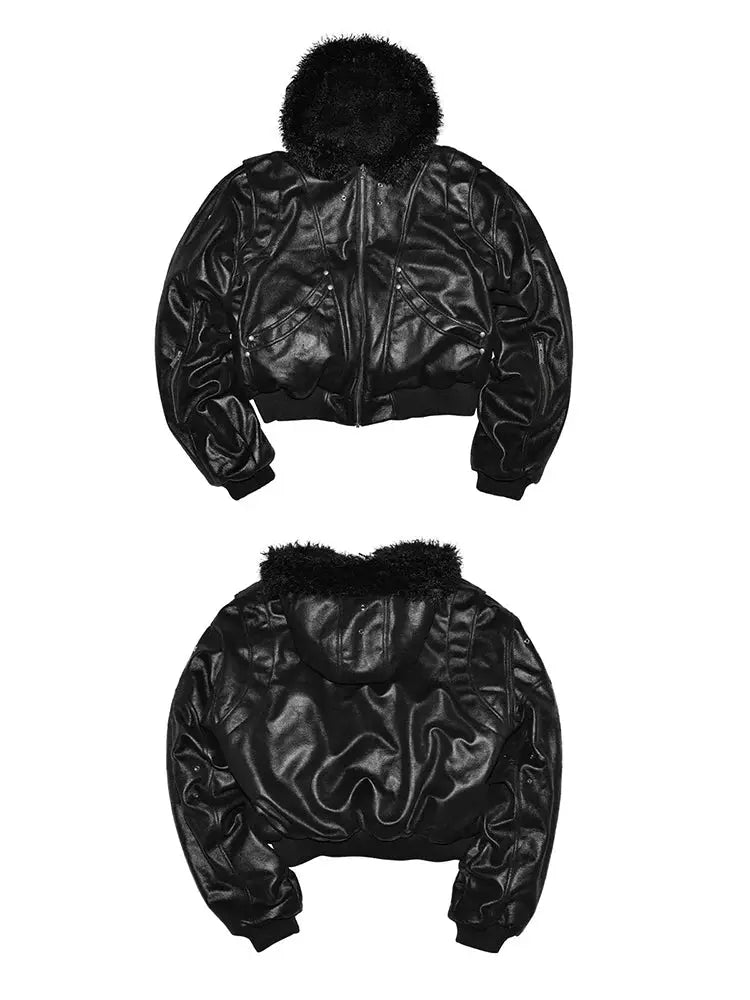 Mauroicardi short oversized black PU leather bomber jacket with faux fur hood