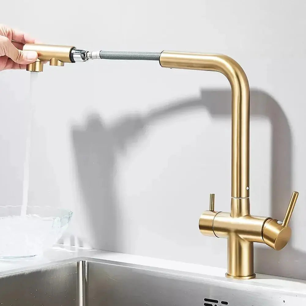 Kitchen pull-out filtered faucet in brass finish with flexible hose and dual spray head, 360° rotation