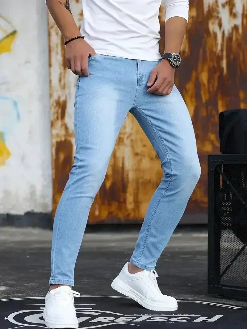 Men's stretch skinny denim jeans in light blue, slim-fit streetwear style