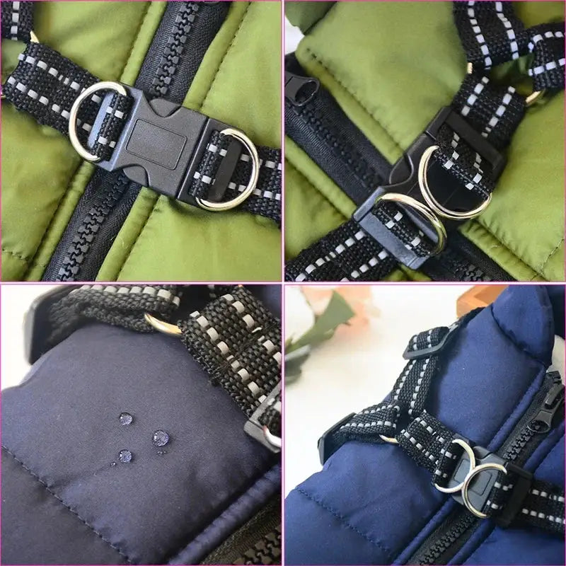 Large dog jacket with harness; waterproof winter coat in green/blue with D-rings and buckles - Simples Market