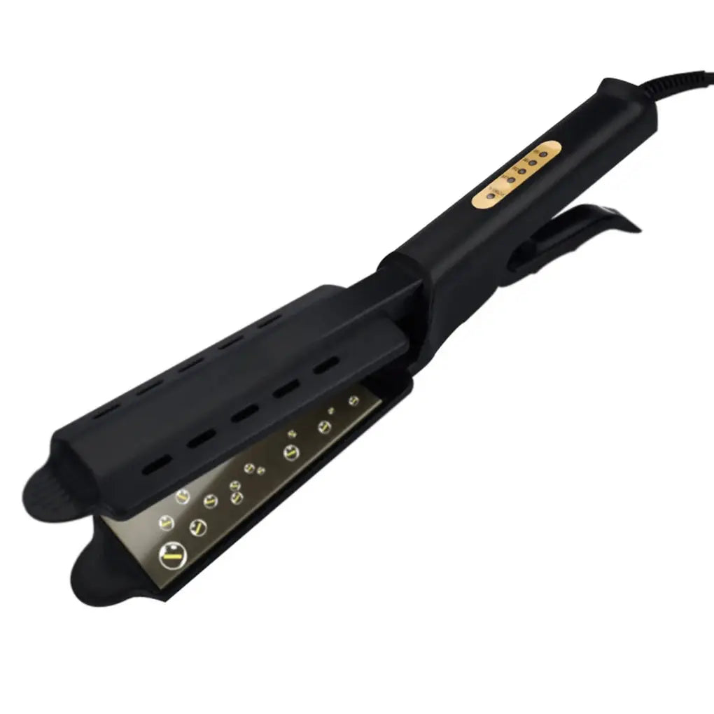 Hair straightener with wide ceramic-tourmaline plates, four-gear temperature control, black flat iron.