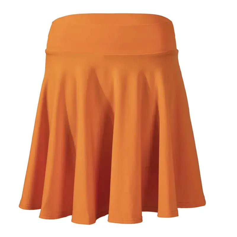 Flared orange skirt with wide waistband, mini skater style