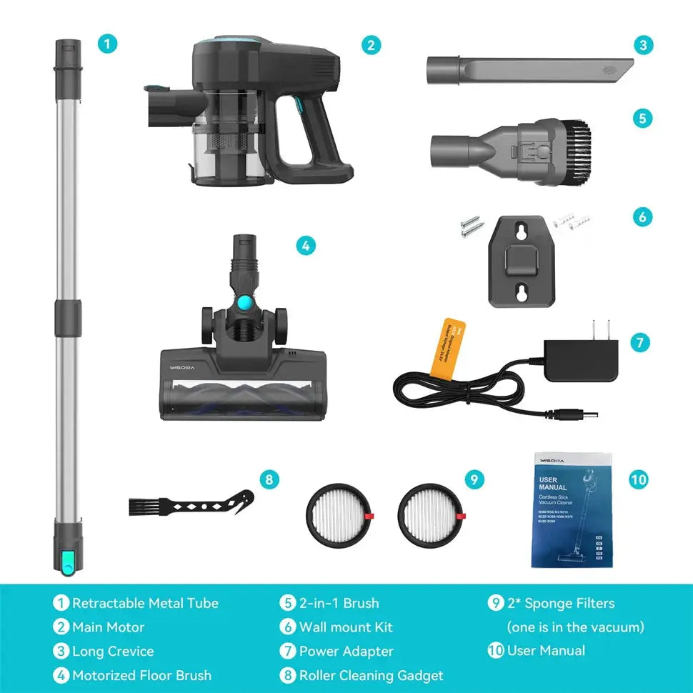 YISORA N300 cordless upright vacuum by Simples Market; 20Kpa stick vacuum for carpet, hard floors, car and pet hair.