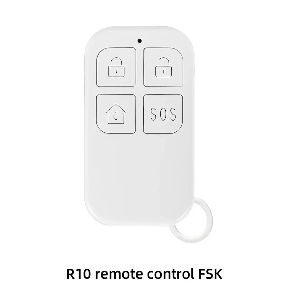 R10 remote control FSK, white, four-button layout with lock, unlock, home and SOS buttons.