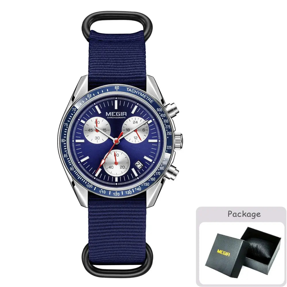 Megir Quartz Chronograph Watch Waterproof Sport Wristwatch With Nylon Strap Luminous Pointers And Date