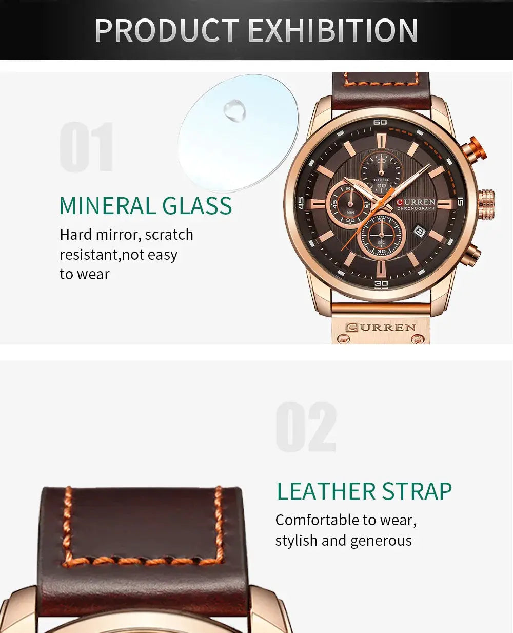 Curren 8291 men's quartz chronograph watch with brown leather strap and rose gold case.