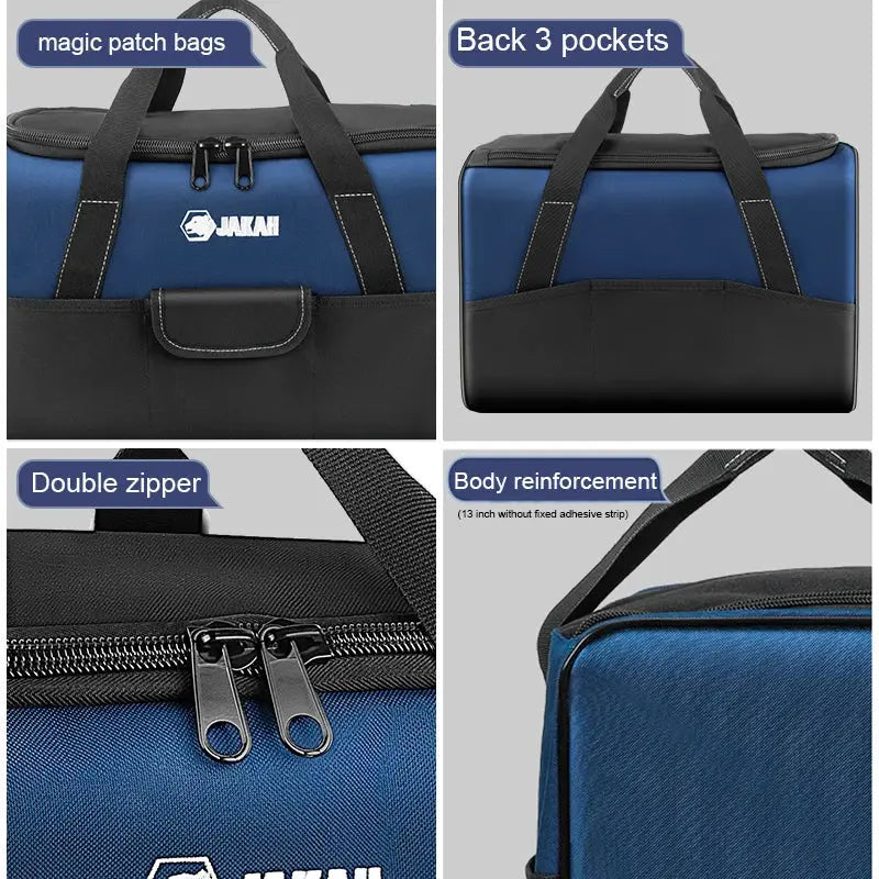 Heavy Duty Polyester Tool Bag by Simples Market, blue with black accents, JAKAH logo, double zipper and reinforced body.
