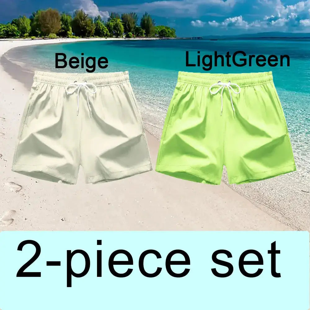 Men's swim trunks in beige and light green with drawstring waist, quick-dry board shorts, 2-piece beach set.