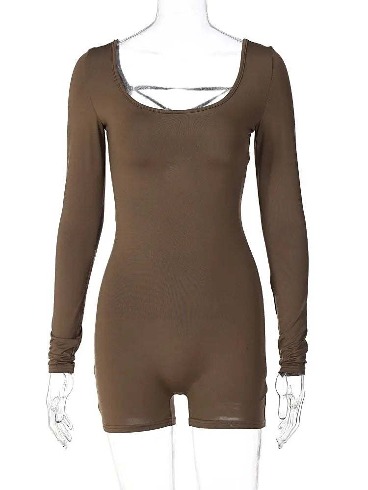 Hugcitar brown long-sleeve playsuit, solid bodycon short romper for women