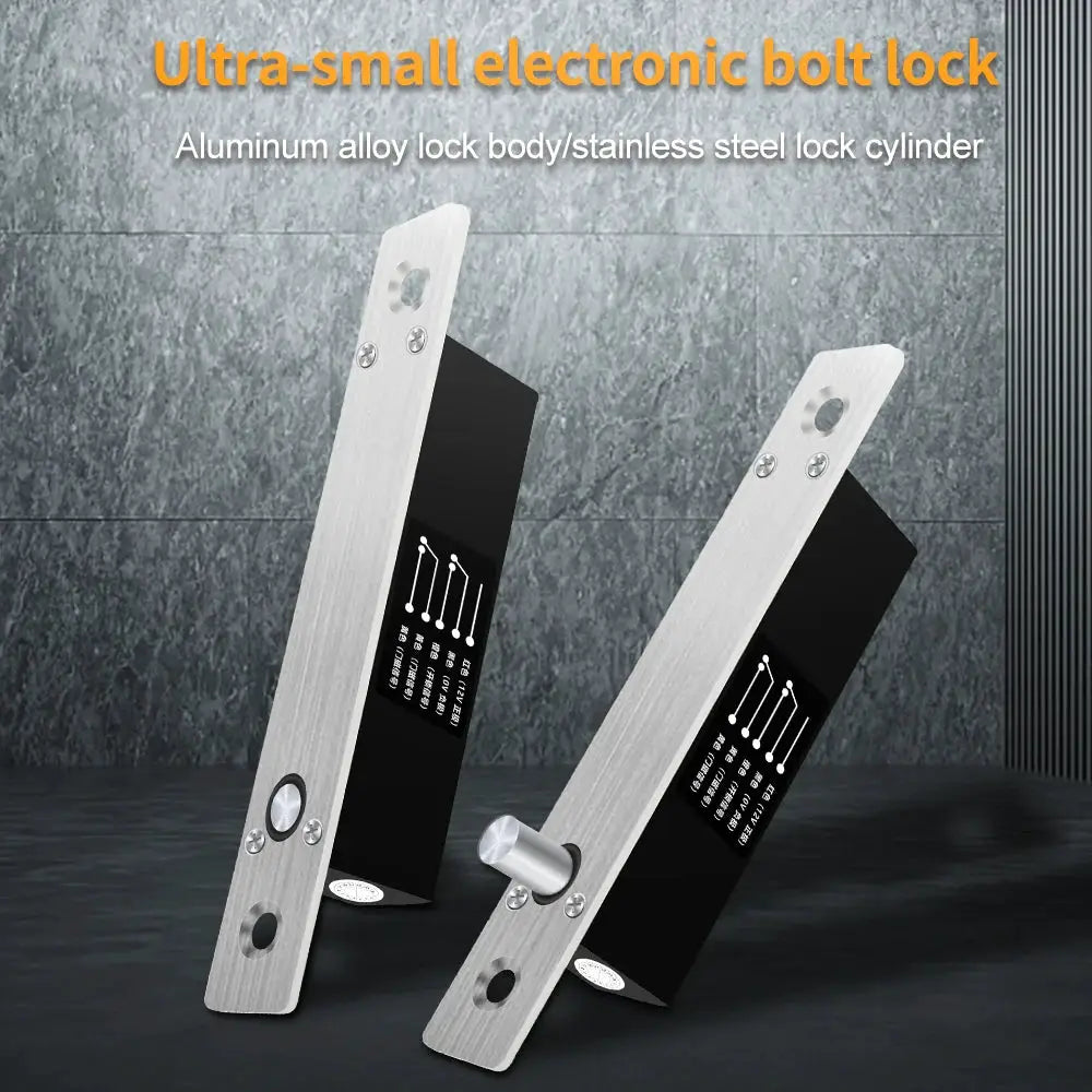 Electronic bolt lock pair; mini 12V DC, aluminum body with stainless steel cylinder for cabinet doors.