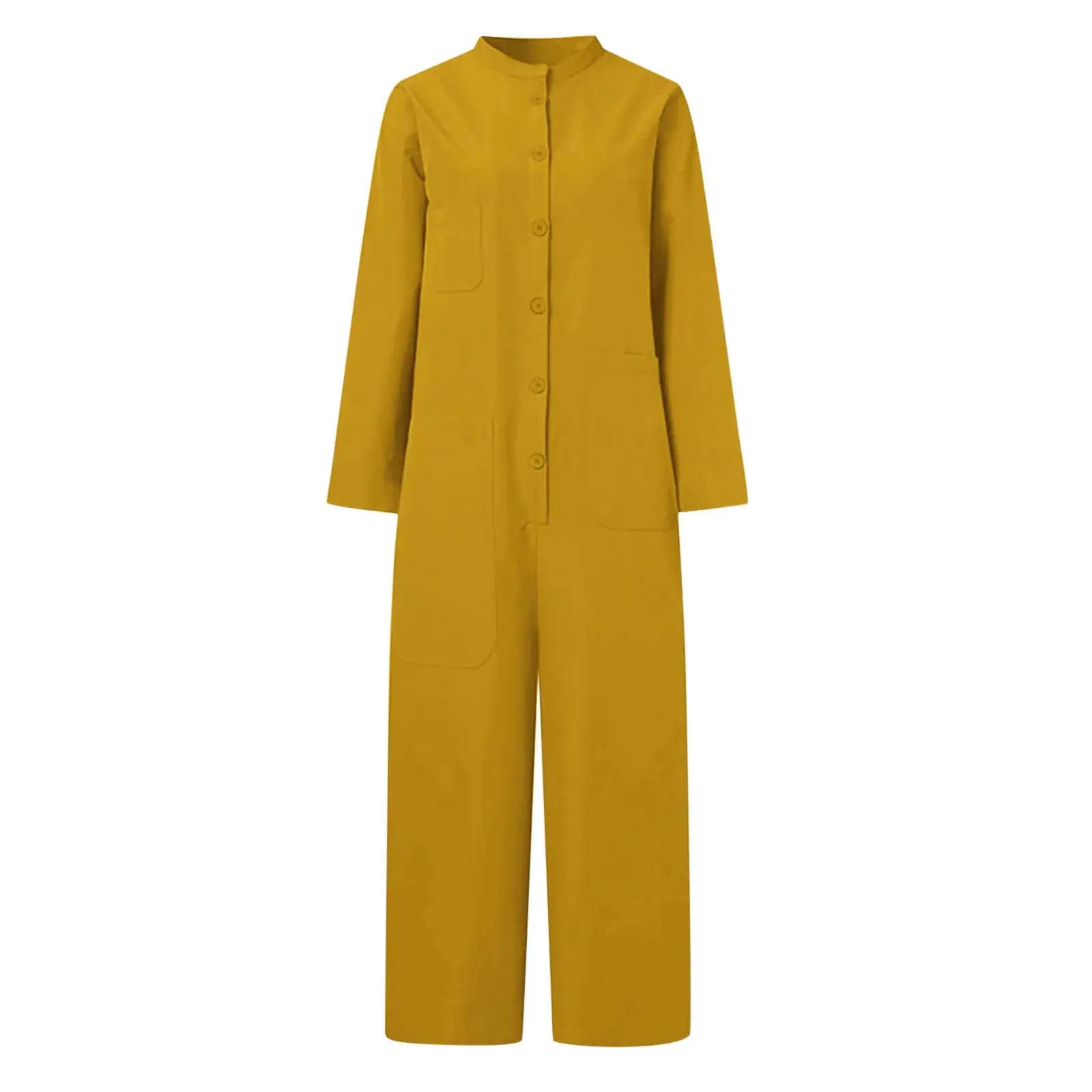 Simples Market mustard yellow jumpsuit for women; long sleeves, button-front, and patch pockets.