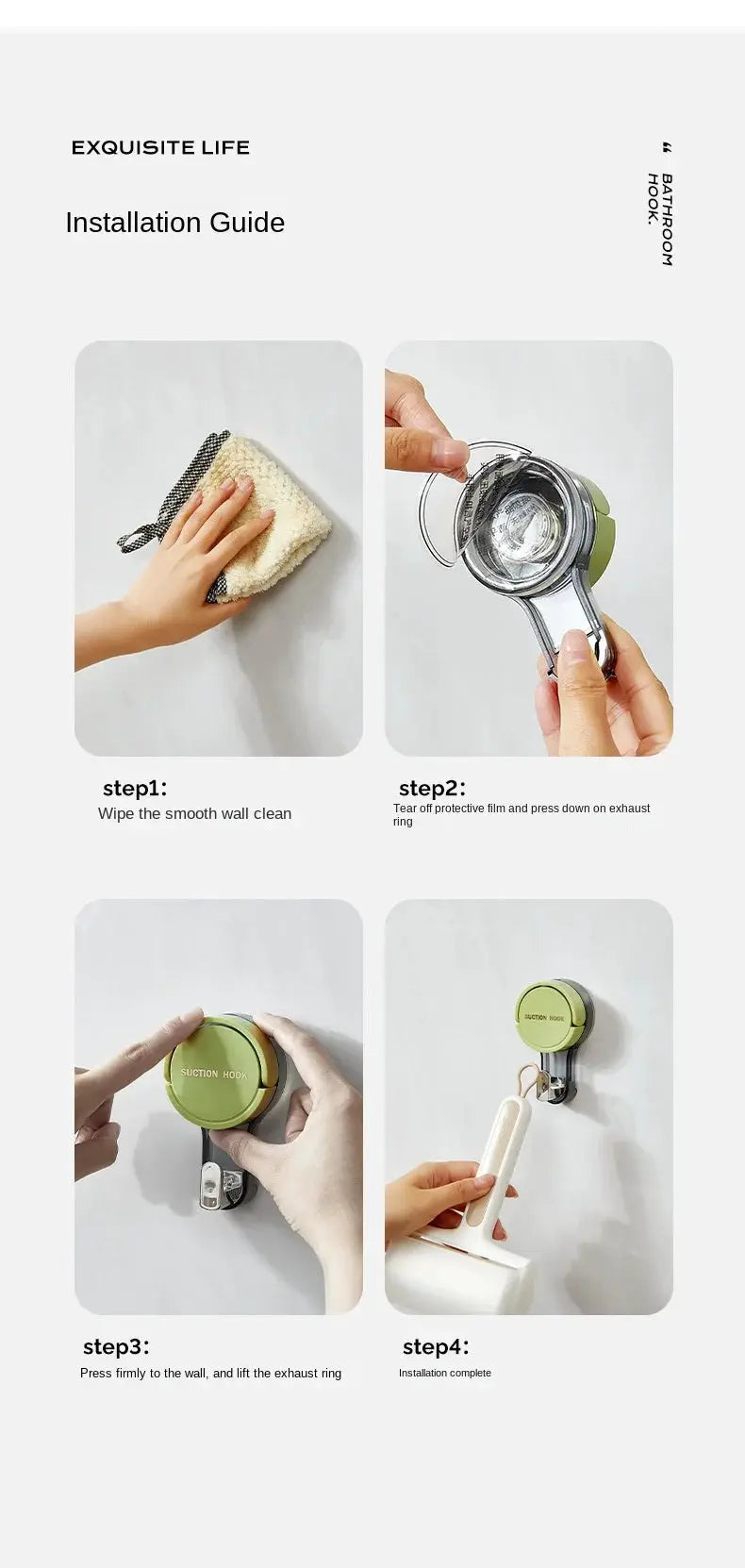 Simples Market strong vacuum suction hooks, green, traceless no-drill adhesive; installation guide with four steps.