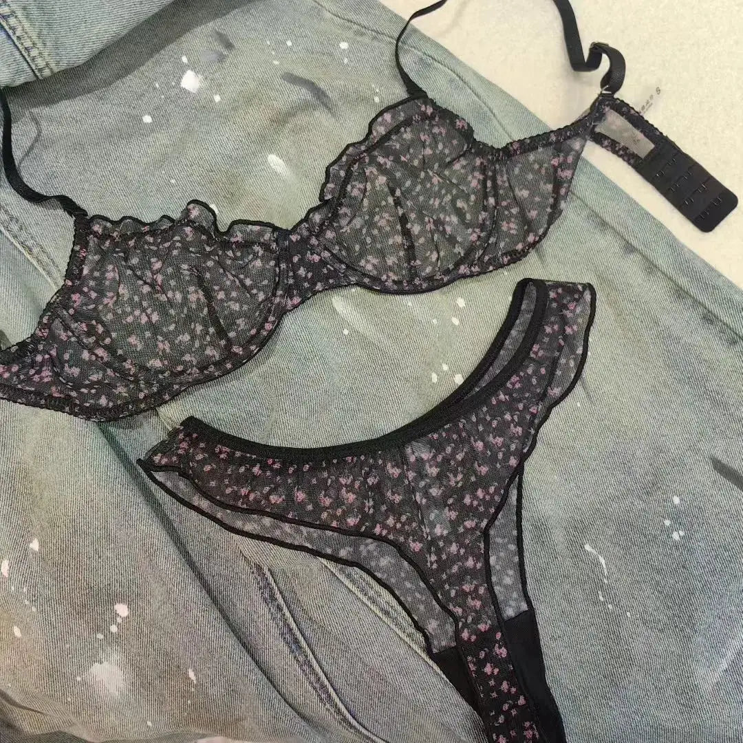 Floral Prints Women Lingerie Set Lace Bra Ultra Thin Bralette