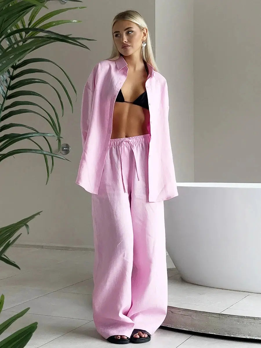 Women Cotton Casual Pants Set Solid Color Lapel Shirt Elastic Waist