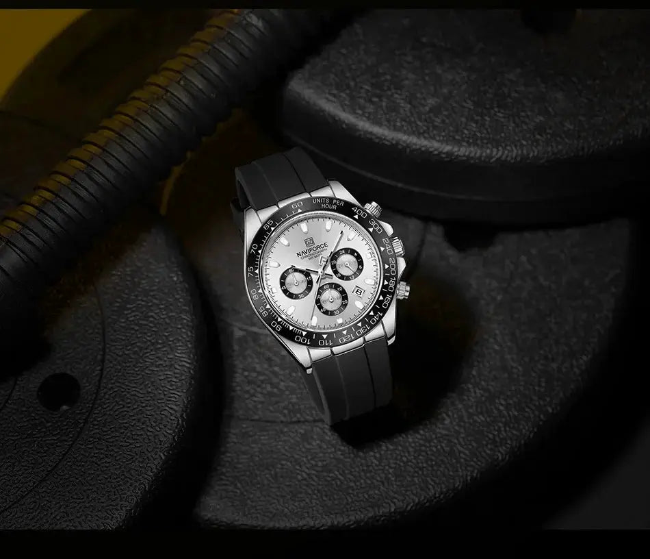 Naviforce NF8054 men's chronograph watch with black silicone strap and silver case