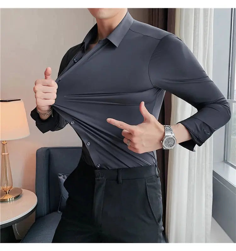 Plus-size 4XL-M men's seamless long-sleeve shirt in charcoal gray with high elasticity