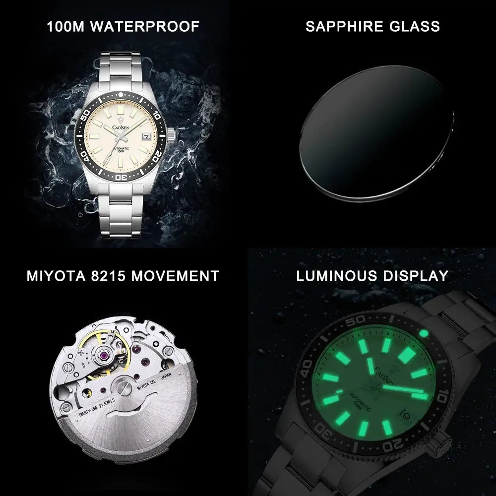 CADISEN diver watch with stainless steel bracelet, 38mm case, sapphire glass, 100m waterproof, luminous dial
