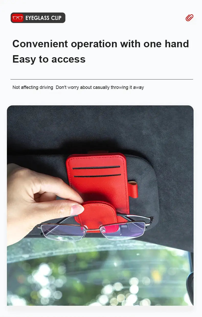 JFBONIN leather car sun visor sunglasses holder with magnetic clip and card holder, red leather storage case