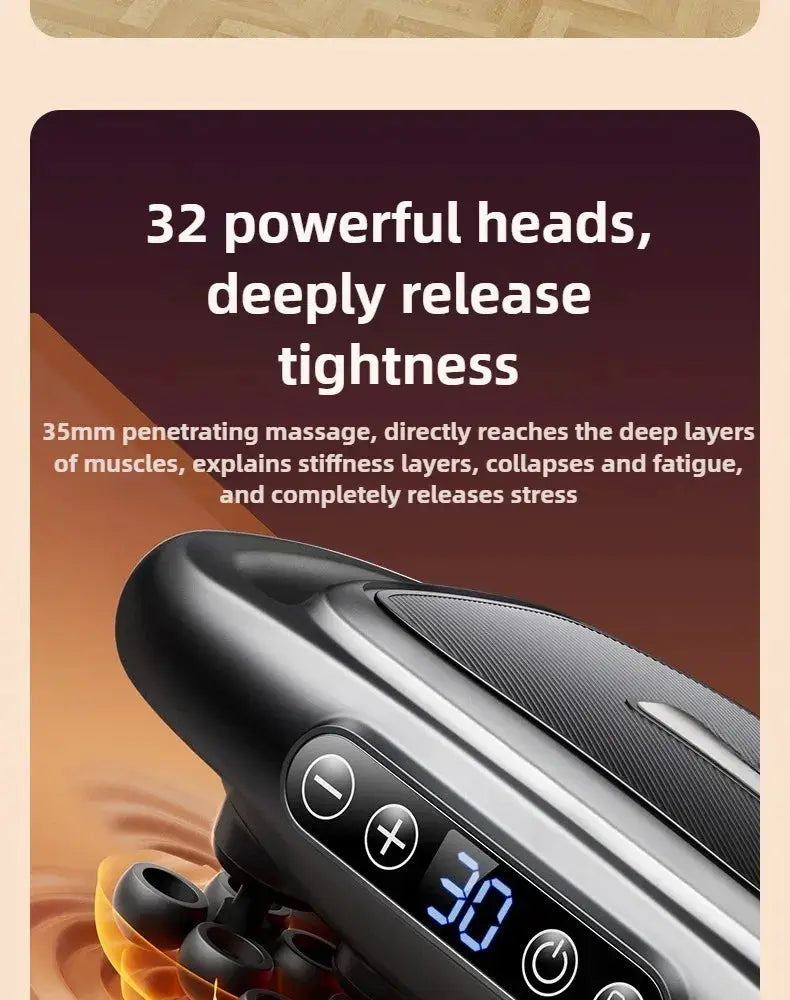 32-head massage gun, black wireless handheld device with digital display and multiple attachment heads.
