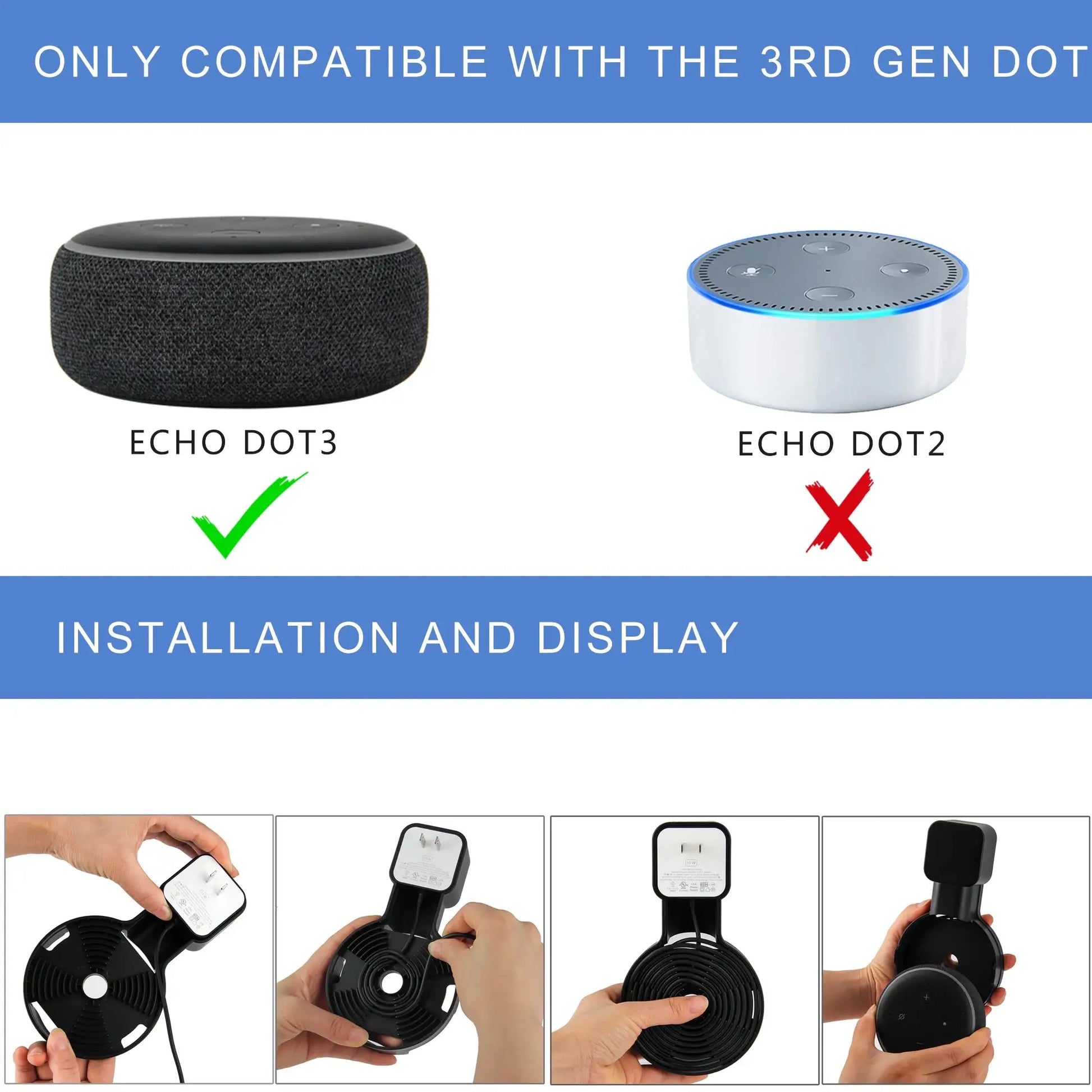 Simples Market Echo Dot 3 Wall Mount Holder; black Echo Dot 3 shown with green check beside Echo Dot 2 (2 devices)
